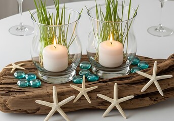 Beach themed centerpiece with starfish, candles, and grass