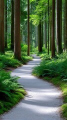 Fototapeta premium Sunlight filters through lush green trees onto a winding white gravel path through a dense forest creating dappled shadows and a serene natural landscape