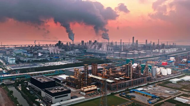 Aerial shot of an oil refinery and chemical plant industrial complex with smoke stacks emitting smoke, causing air pollution at sunrise.