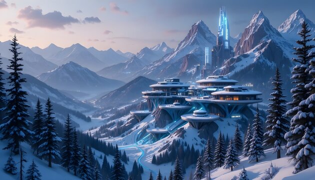 Murree 2050 Skyline &mdash; a futuristic mountain resort city with floating hotels, neon-lit pine forests, and hovering cable cars above snowy peaks.
