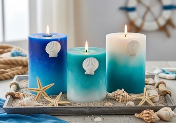 Three nautical themed candles with shells and starfish
