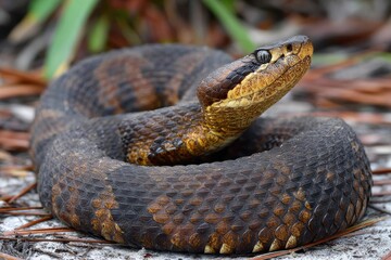 Obraz premium Ferocious Cottonmouth: Striking Encounter with the Venomous Snake in the Wilds of Florida