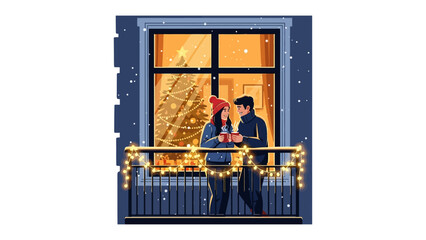 Cozy Winter Moment: A couple shares a warm drink on a balcony adorned with festive lights, gazing at a decorated Christmas tree through a window. Snowflakes gently fall.