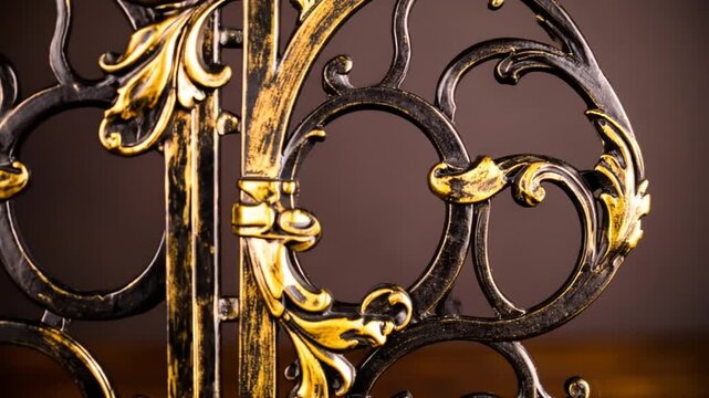 A close-up view of ornate, gilded, and wrought ironwork, showcasing a decorative design