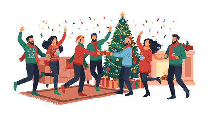 Holiday Festive Gathering: A vibrant holiday gathering unfolds, a cheerful group celebrating around a beautifully adorned evergreen tree, exchanging gifts and sharing laughter in a cozy interior.