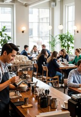 Obraz premium Barista pouring latte art in stylish coffee shop with customers enjoying beverages and conversations