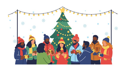 Festive Gathering: A diverse group of people huddle around a beautifully decorated Christmas tree, exchanging warm wishes and enjoying the cozy winter atmosphere.