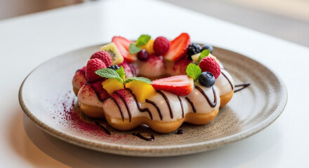 Gourmet Mochi Donut Topped with White Glaze, Chocolate Drizzle, and an Array of Fresh Mixed Berries, Served on a Textured Plate