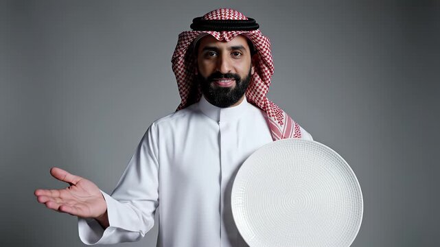 Smiling Saudi Man in Traditional Attire Holding a White Plate and Gesturing.
