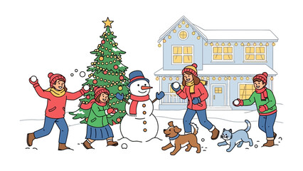 Winter's Joy: A delightful illustration of a festive scene, where family frolics in the snow, crafting a snowman. Capturing the spirit of togetherness and the magic of the holiday season.