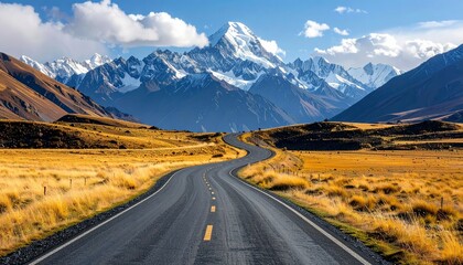 Scenic highway winding through the empty summer mountains landscape under a vast blue sky