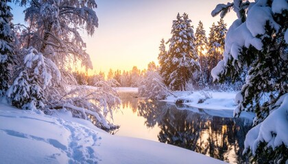 City winter sunset with snowy trees and a frozen river under a blue sky with white clouds