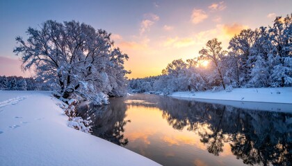 City winter sunset with snowy trees and a frozen river under a blue sky with white clouds