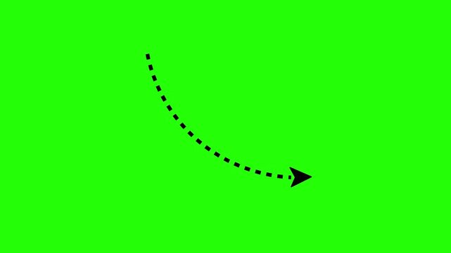 curved arrow direction animation, broken line arrow on green screen