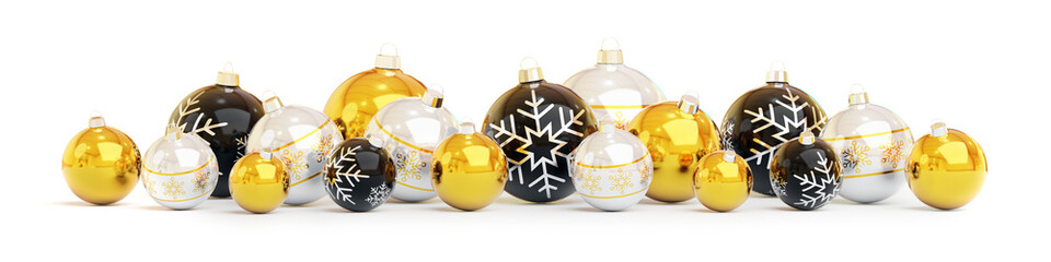 Isolated Christmas baubles on white. Gold, black and silver colors. 3D rendering
