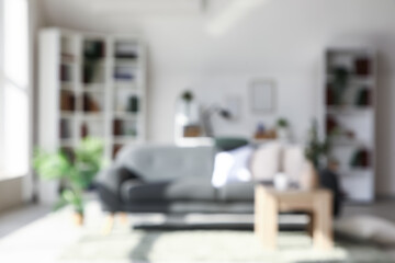 Blurred view of light living room with grey sofa, tables and bookshelves
