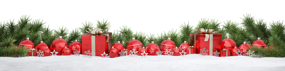 Isolated glossy christmas decoration lined up on snow. 3D rendering red shiny baubles ornaments and gifts