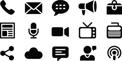 Communication and Media Icon Set – Vector Symbols of Messaging, Broadcasting, and Digital Content