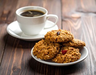 Close-up of a cup of coffee on a saucer next to a small plate of delicious-looking baked cookies on a wooden table