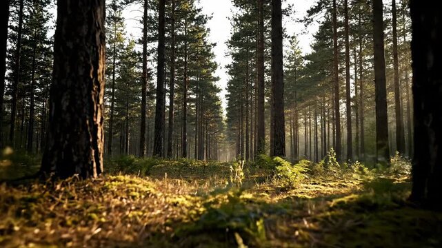 ﻿Slow cinematic dolly shot through a serene pine forest bathed in soft morning light with shallow depth of field green, tracking shot, cinematic