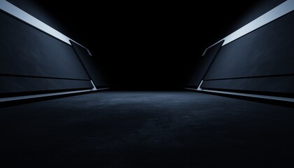 3d rendering of white neon glowing spaceship corridor hallway dark background. Scene for advertising, showroom, technology, future, modern, E sport, game, garage. Sci Fi Illustration. Product display