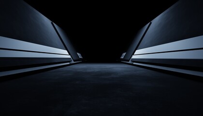 3d rendering of white neon glowing spaceship corridor hallway dark background. Scene for advertising, showroom, technology, future, modern, E sport, game, garage. Sci Fi Illustration. Product display