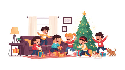 Joyous Christmas Morning: Animated children exude a sense of childlike wonder and excitement as they unwrap presents in front of Christmas tree. It's a scene of pure festive joy and holiday spirit.