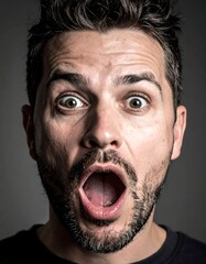Close-up of a man with brown eyes and a short beard. His mouth is wide open, displaying surprise. The background is a plain gray