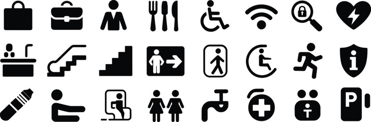 Public Signage Icon Set – Vector Symbols for Facilities, Accessibility, Safety, and Navigation