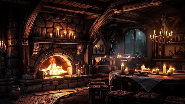 Medieval tavern in a thunderstorm