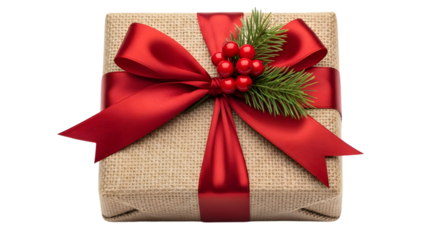 Gift box with red ribbon and berries isolated on transparent background