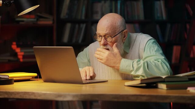 Senior professor reading bad news email, losing money to phishing scam online