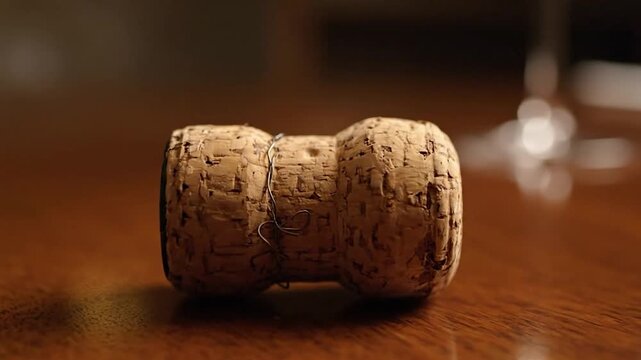 A close-up shot of a cork stopper with wire, resting on a wooden surface, with glass blurred