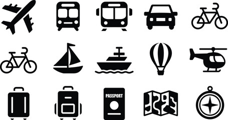 Diverse Transportation and Travel Icons with Luggage and Navigation Tools airplane