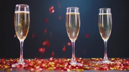 Three champagne glasses with falling confetti on a dark background, perfect for celebrations and festive occasions. - Powered by Adobe