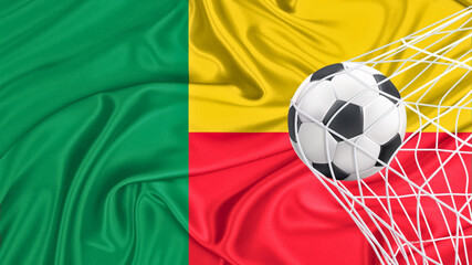 Naklejka premium Football ball with the national flag of benin . Flag of benin . Horizontal Realistic waving flag of State of benin. Fabric textured flowing flag of benin 