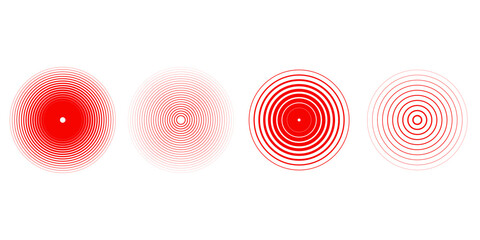 Red concentric ripple circles set. Sonar or sound wave rings collection. Epicentre, target, radar icon concept. Radial signal or vibration elements. Halftone vector illustration