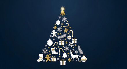 Christmas tree made of festive elements on dark blue background