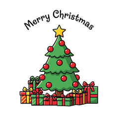 Happy cartoon scene of Merry Christmas with small tree, gold star topper, red ornaments, and gift boxes, no shading, clear outline, white background
