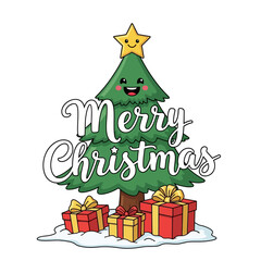 Merry Christmas lettering with smiling tree, gold star, red gifts, and white snow, playful outline style, no shadow, perfect for tracing