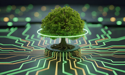Sustainable technology concept with futuristic tree connected to digital grid