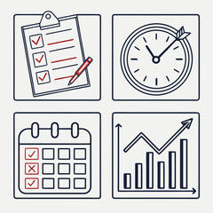 Business planning icons showing checklist clock calendar and growth chart for strategy and success