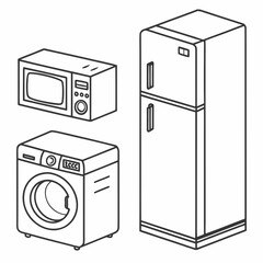 Clean line art isometric illustration of a modern refrigerator washing machine and microwave oven