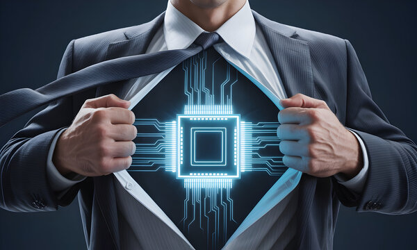 Dynamic businessman reveals futuristic technology core with glowing circuitry