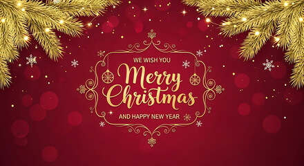 Golden merry christmas and happy new year wishes on a dark red background