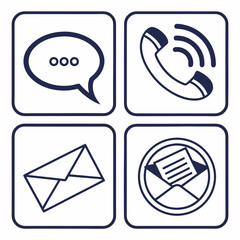 Four communication icons representing messaging phone calls mail and email in a clean outline style
