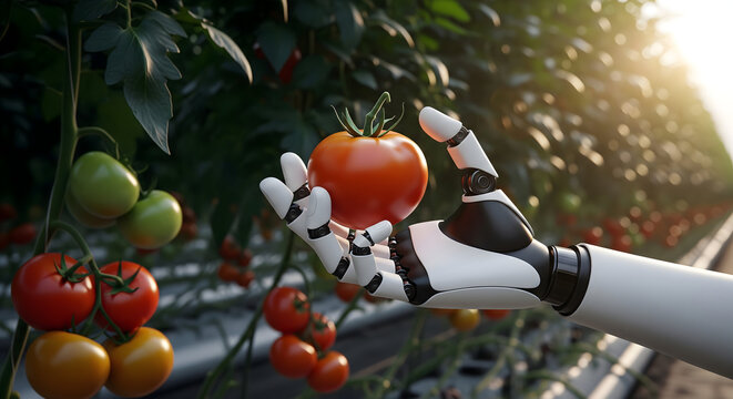Robotic arm holding ripe tomato in greenhouse, showcasing future farming tech