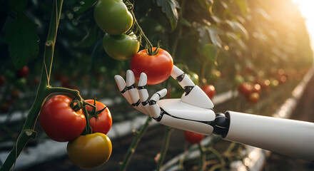 Robot hand gently harvesting ripe tomatoes in advanced greenhouse farming