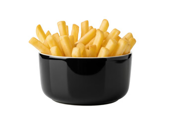 Numerous hand-cut, oven-baked french fries, pale yellow, rustic, in a glossy black ceramic ramekin on transparent studio background with copy space, concept of sophisticated gourmet appetizer