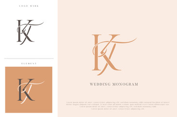 Elegant wedding monogram TK initials with calligraphic flourish